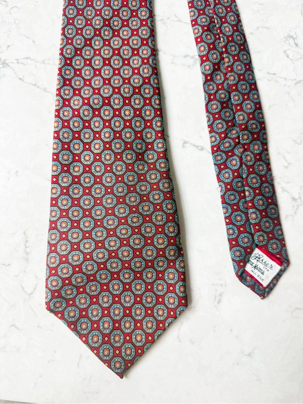 Vintage Turnbull & Asser Red Geometric medallion 100% Silk Tie 3.75” 5.5”